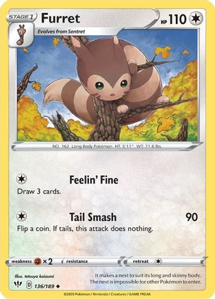 SWSH03 Darkness Ablaze  136/189 Furret  - Reverse Holofoil - Uncommon