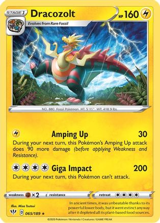 SWSH03 Darkness Ablaze  065/189 Dracozolt  - Reverse Holofoil - Rare