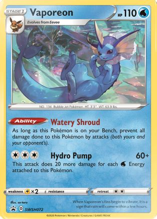 SWSH Sword & Shield Promo Cards  SWSH072 Vaporeon  - Holofoil - Promo