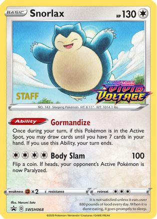 SWSH Sword & Shield Promo Cards  Snorlax - SWSH068 (Prerelease) [Staff]  - Holofoil - Promo