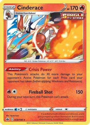 SWSH06 Chilling Reign  028/198 Cinderace  - Reverse Holofoil - Holo Rare