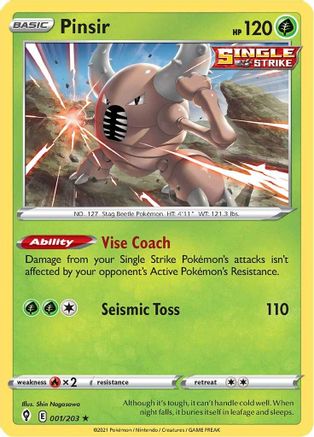 SWSH07 Evolving Skies  001/203 Pinsir  - Rare