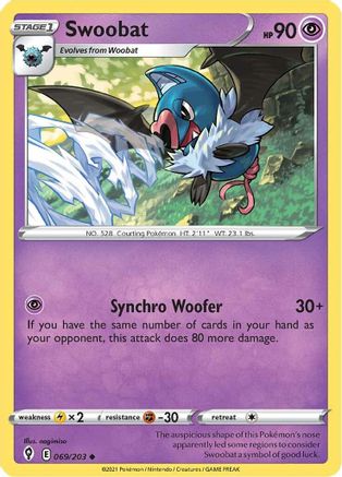 SWSH07 Evolving Skies  069/203 Swoobat  - Uncommon