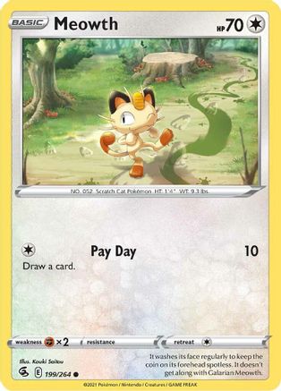 SWSH08 Fusion Strike  199/264 Meowth  - Reverse Holofoil - Common