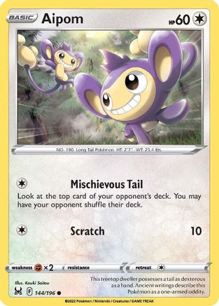 SWSH11 Lost Origin  144/196 Aipom  - Reverse Holofoil - Common
