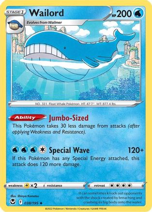 SWSH12 Silver Tempest  038/195 Wailord  - Reverse Holofoil - Uncommon