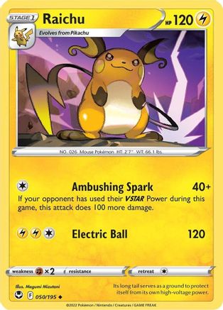 SWSH12 Silver Tempest  050/195 Raichu  - Reverse Holofoil - Uncommon