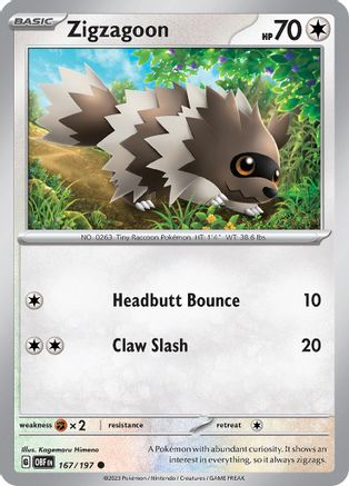 SV03 Obsidian Flames  167/197 Zigzagoon  - Common