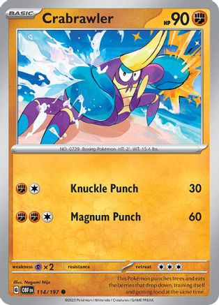 SV03 Obsidian Flames  114/197 Crabrawler  - Reverse Holofoil - Common