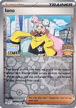 League & Championship Cards /193 Iono - 185/193 (Regional Championships) [Staff]  - Reverse Holofoil - Uncommon