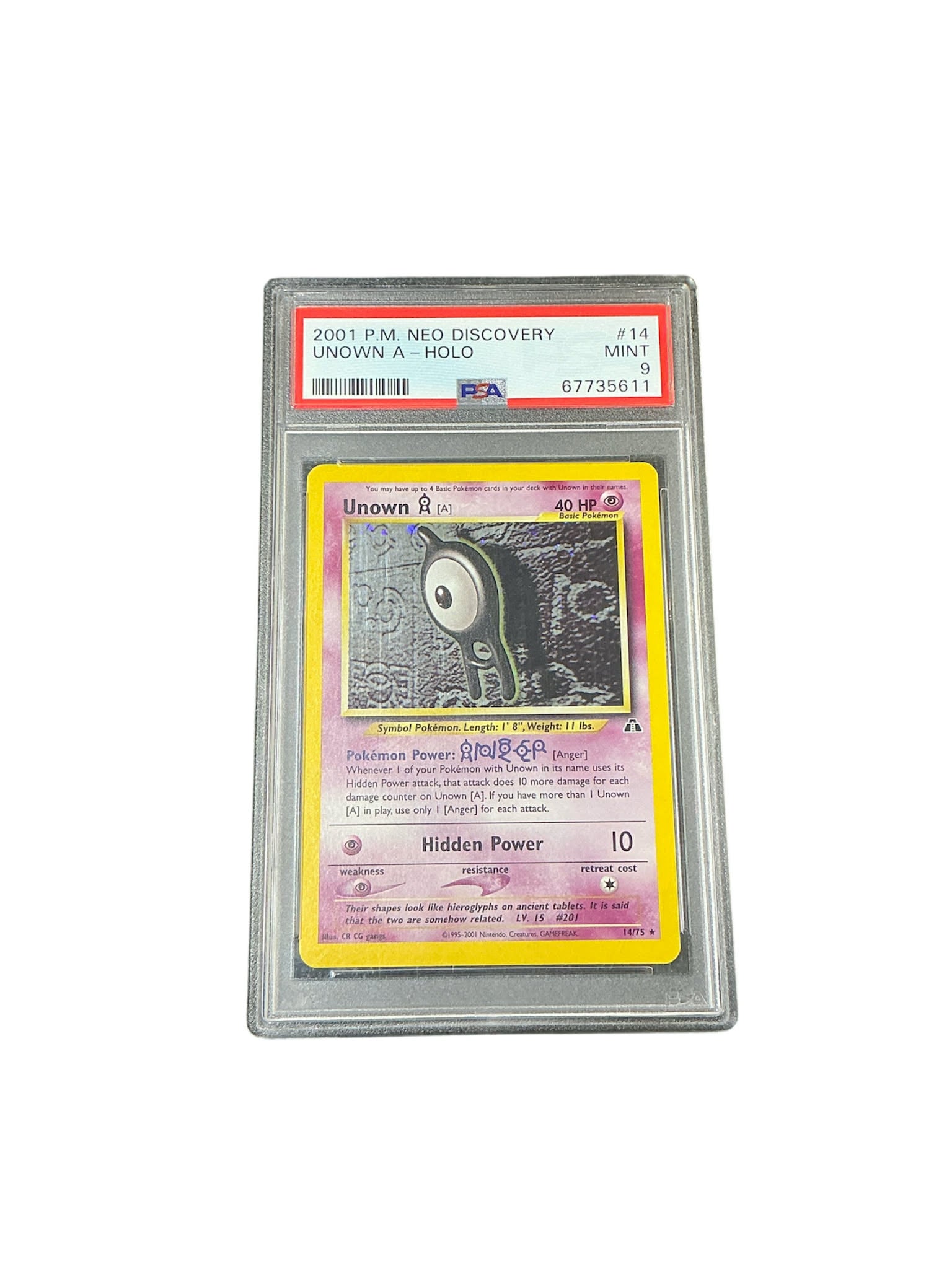 Neo Discovery  014/75 PSA9 #67735611 Unown [A] (14)  - Unlimited Holofoil - Holo Rare