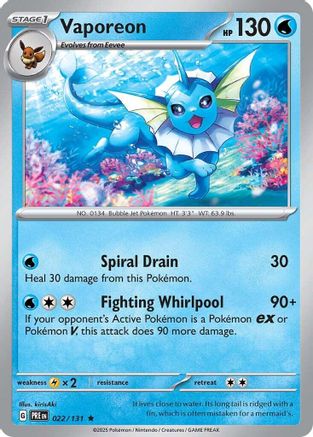 SV Prismatic Evolutions  022/131 Vaporeon  - Holofoil - Rare