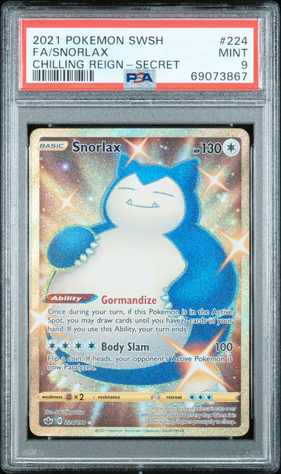 SWSH06 Chilling Reign  224/198 PSA9 #69073867 Snorlax (Secret)  - Holofoil - Secret Rare