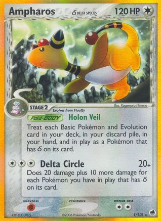 Dragon Frontiers  001/101 Ampharos (Delta Species)  - Holofoil - Holo Rare