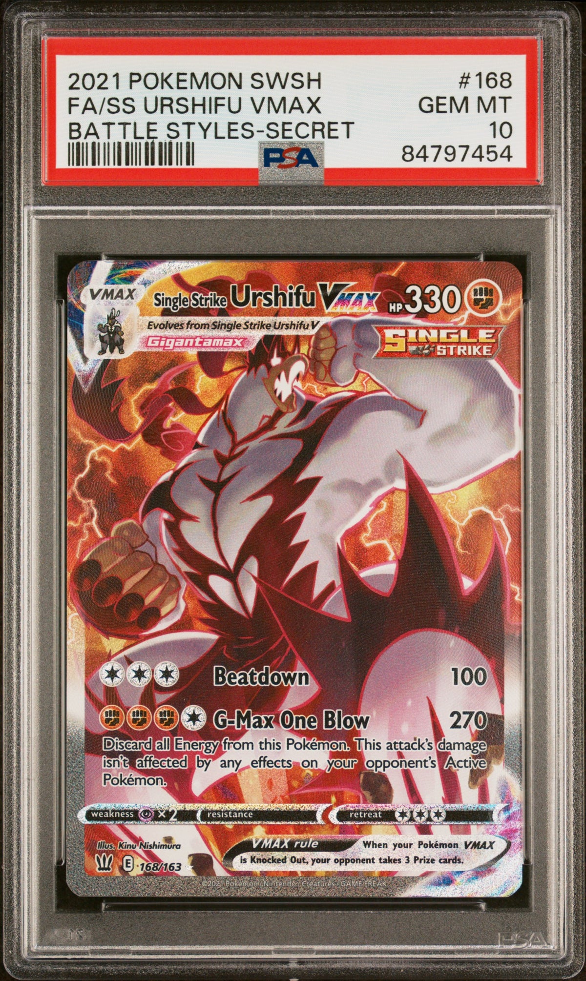 SWSH05 Battle Styles  168/163 PSA10 #84797454 Single Strike Urshifu VMAX (Alternate Art Secret)  - Holofoil - Secret Rare