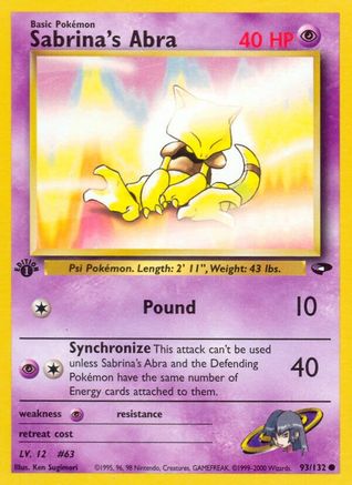 Gym Challenge  093/132 Sabrina's Abra (93)  - 1st Edition - Common