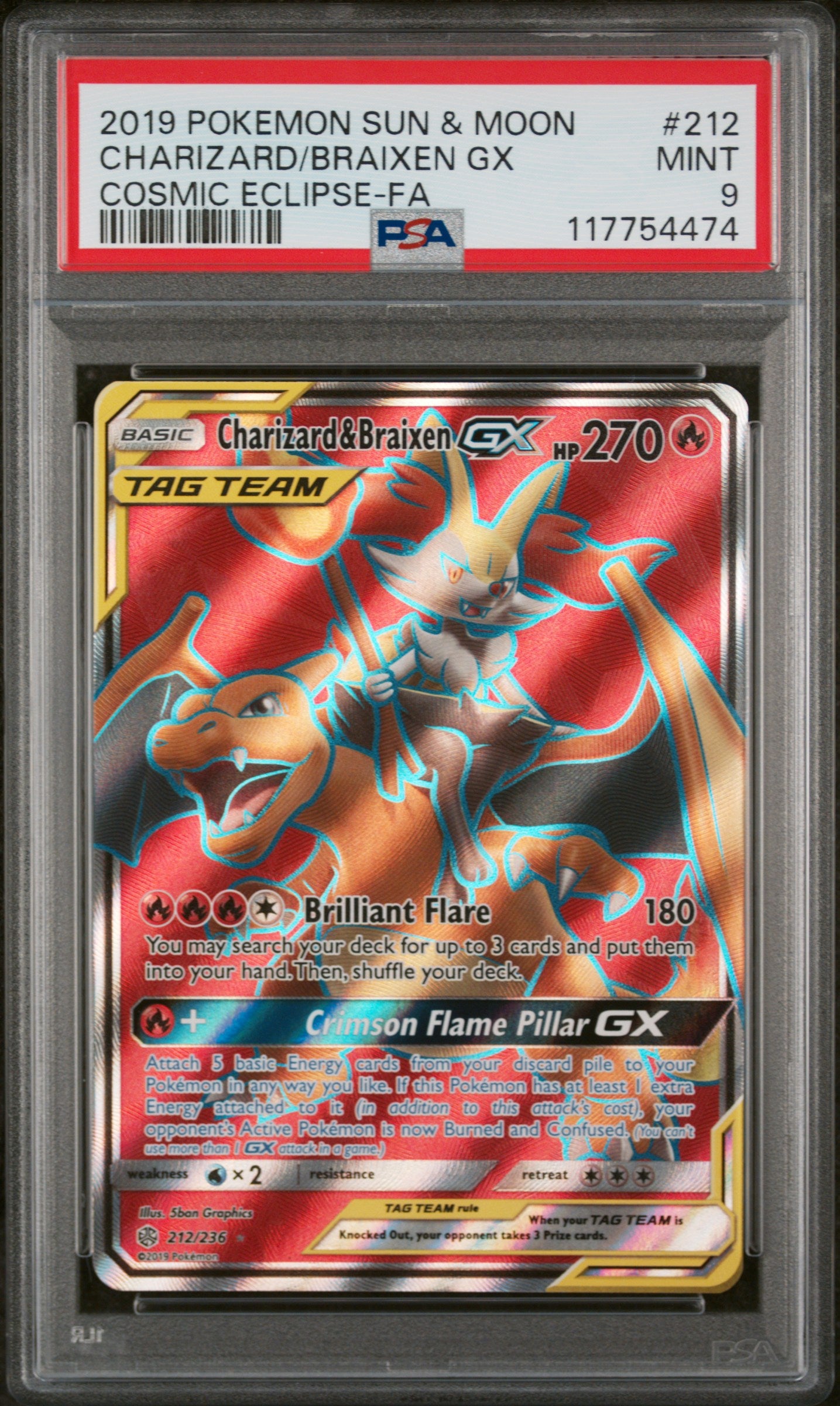 SM  Cosmic Eclipse  212 PSA9 #117754474 Charizard & Braixen GX (Full Art)  - Holofoil - Ultra Rare