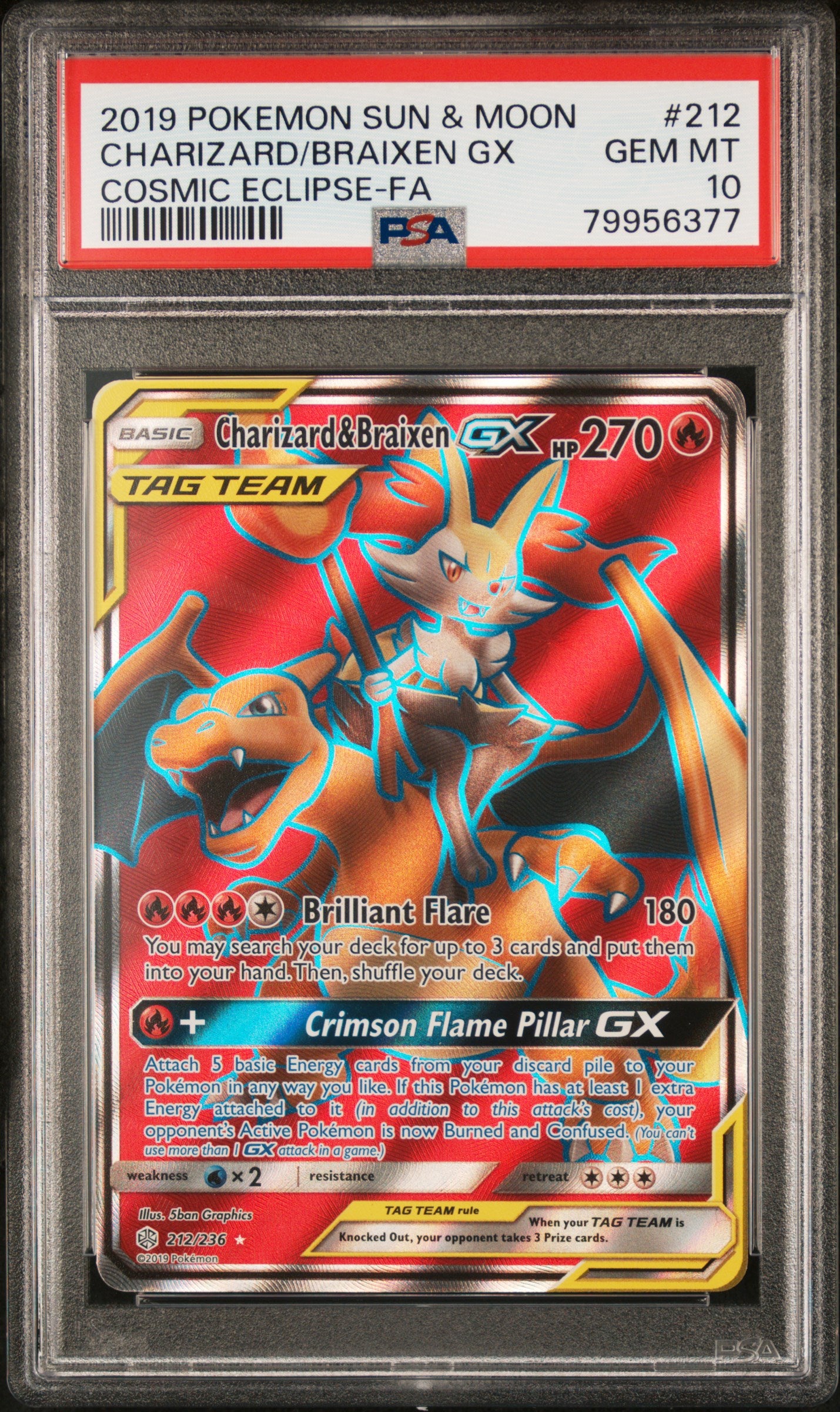 SM  Cosmic Eclipse  212 PSA10 #79956377 Charizard & Braixen GX (Full Art)  - Holofoil - Ultra Rare