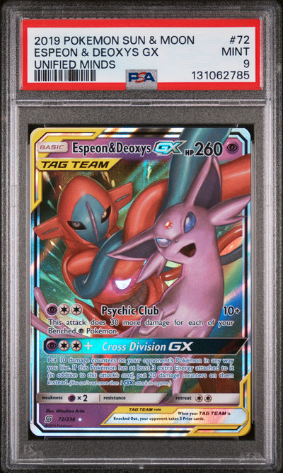 SM  Unified Minds  072/236 PSA9 #131062785 Espeon & Deoxys GX  - Holofoil - Ultra Rare