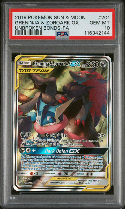 SM  Unbroken Bonds  201/214 PSA10 #116342144 Greninja & Zoroark GX (201) (Alternate Full Art)  - Holofoil - Ultra Rare