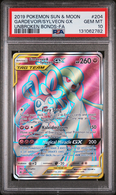 SM  Unbroken Bonds  204/214 PSA10 #131062782 Gardevoir & Sylveon GX (204) (Full Art)  - Holofoil - Ultra Rare