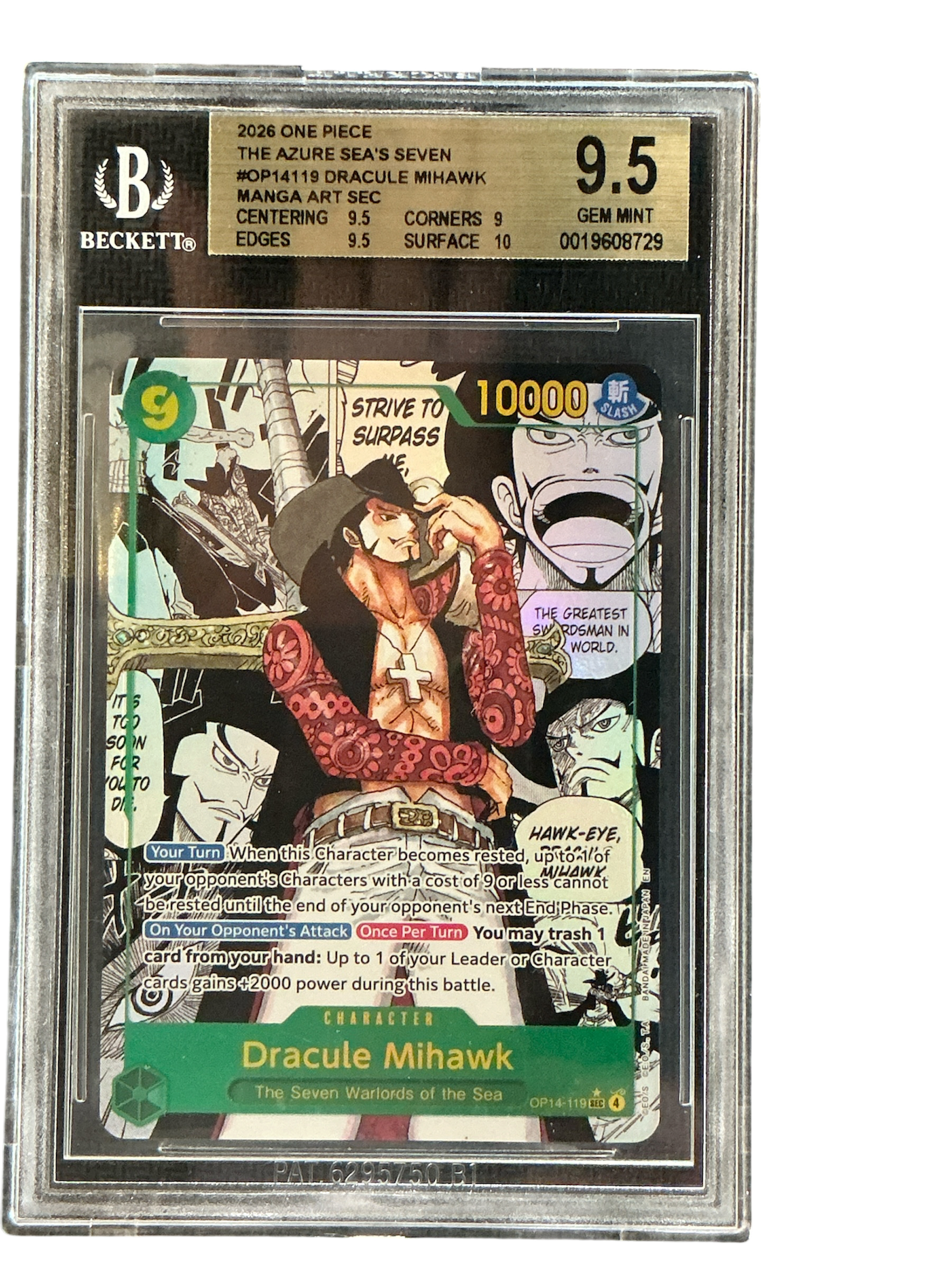 The Azure Seas Seven  OP14-119 BGS9.5 #0019608729 Dracule Mihawk (Manga) (OP14-119)  - Foil - Secret Rare