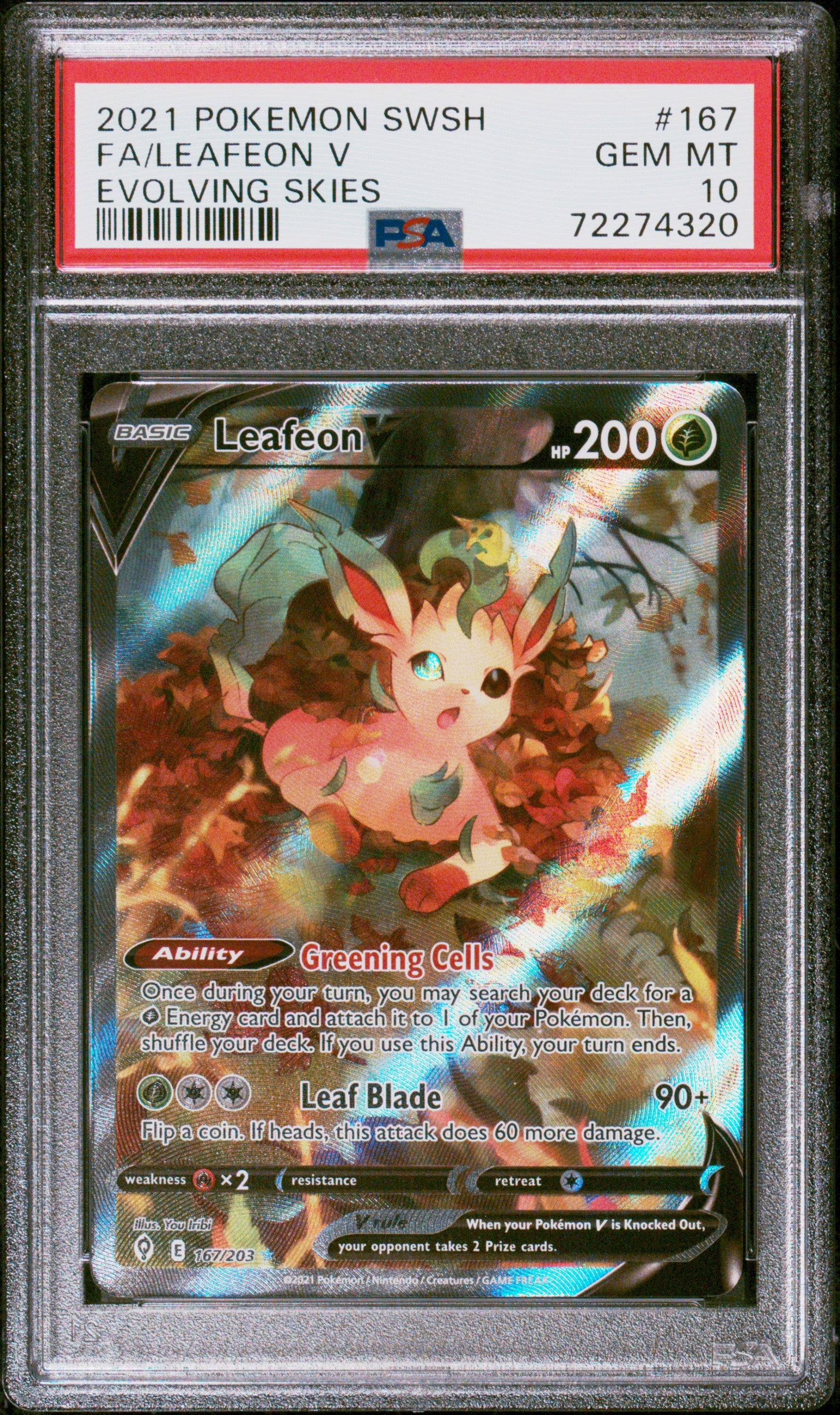 SWSH07 Evolving Skies  167/203 PSA10 #72274320 Leafeon V (Alternate Full Art)  - Holofoil - Ultra Rare