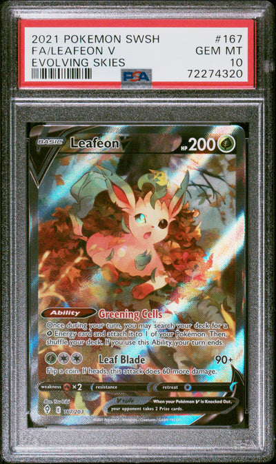 SWSH07 Evolving Skies  167/203 PSA10 #72274320 Leafeon V (Alternate Full Art)  - Holofoil - Ultra Rare