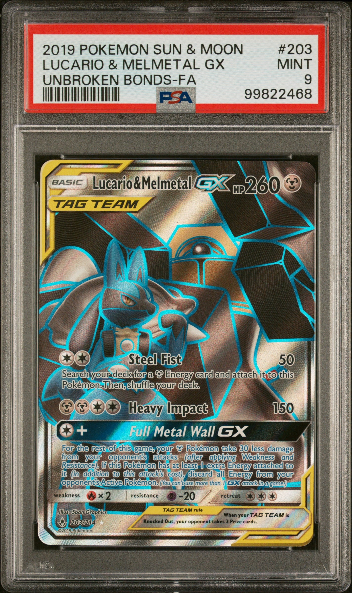 SM  Unbroken Bonds  203 PSA9 #99822468 Lucario & Melmetal GX (Full Art)  - Holofoil - Ultra Rare