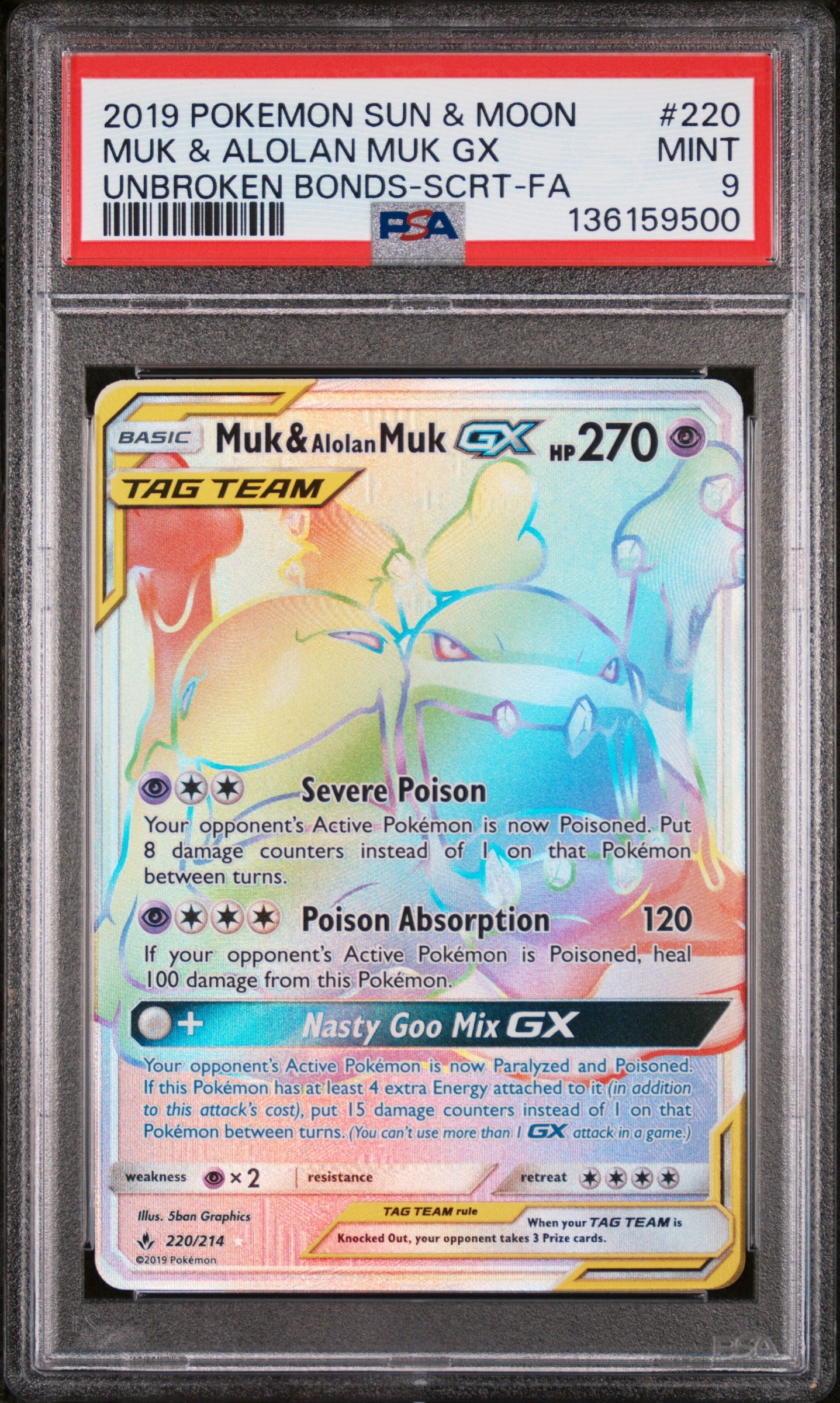 SM  Unbroken Bonds  220 PSA9 #136159500 Muk & Alolan Muk GX (Secret)  - Holofoil - Secret Rare