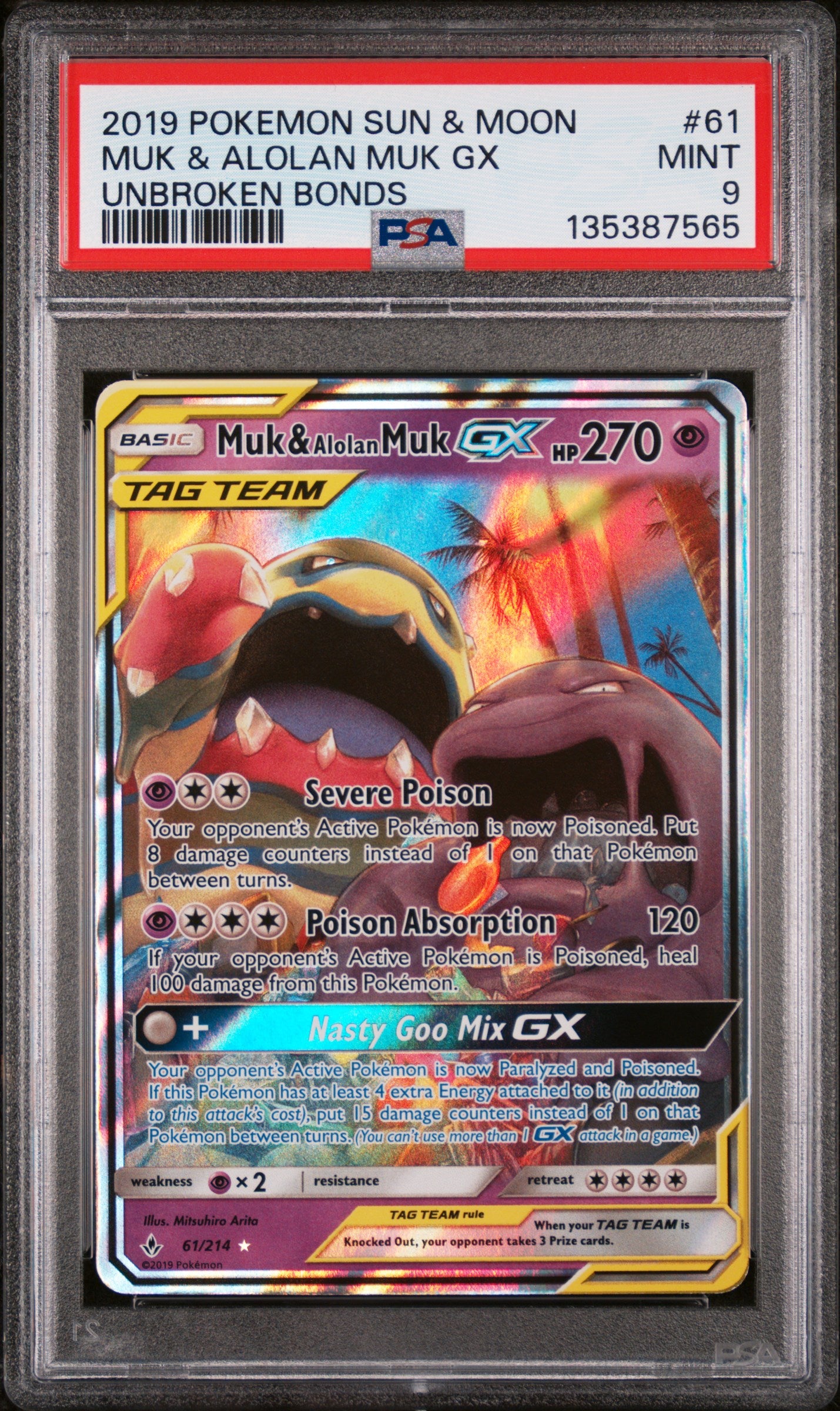 SM  Unbroken Bonds  061/214 PSA9 #135387565 Muk & Alolan Muk GX  - Holofoil - Ultra Rare