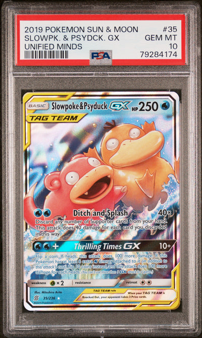 SM  Unified Minds  035/236 PSA10 #79284174 Slowpoke & Psyduck GX  - Holofoil - Ultra Rare