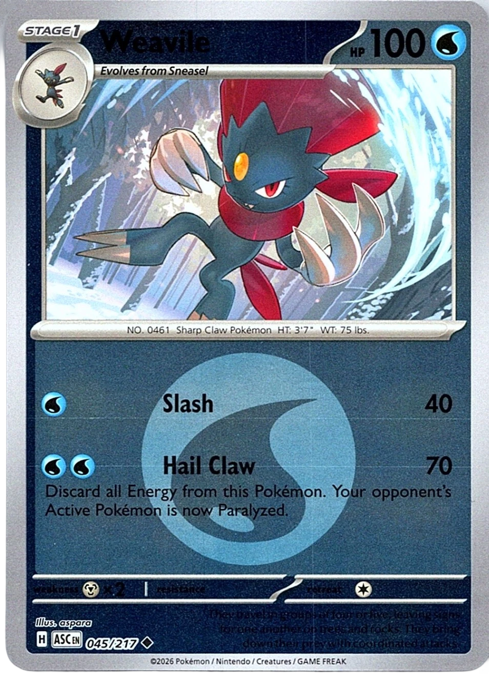 ME Ascended Heroes  045/217 Weavile  - Reverse Holofoil Energy Pattern - Uncommon